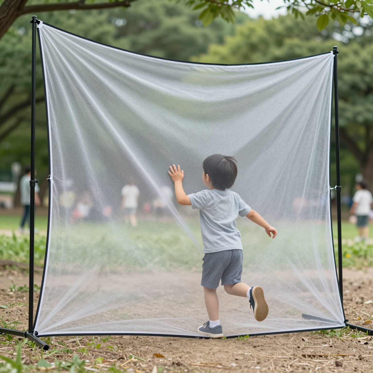 아이더 키즈 바람막이를 입고 공원에서 뛰어노는 아이