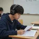 학생이 헤드폰을 끼고 영어 듣기 평가 문제지를 풀고 있는 모습