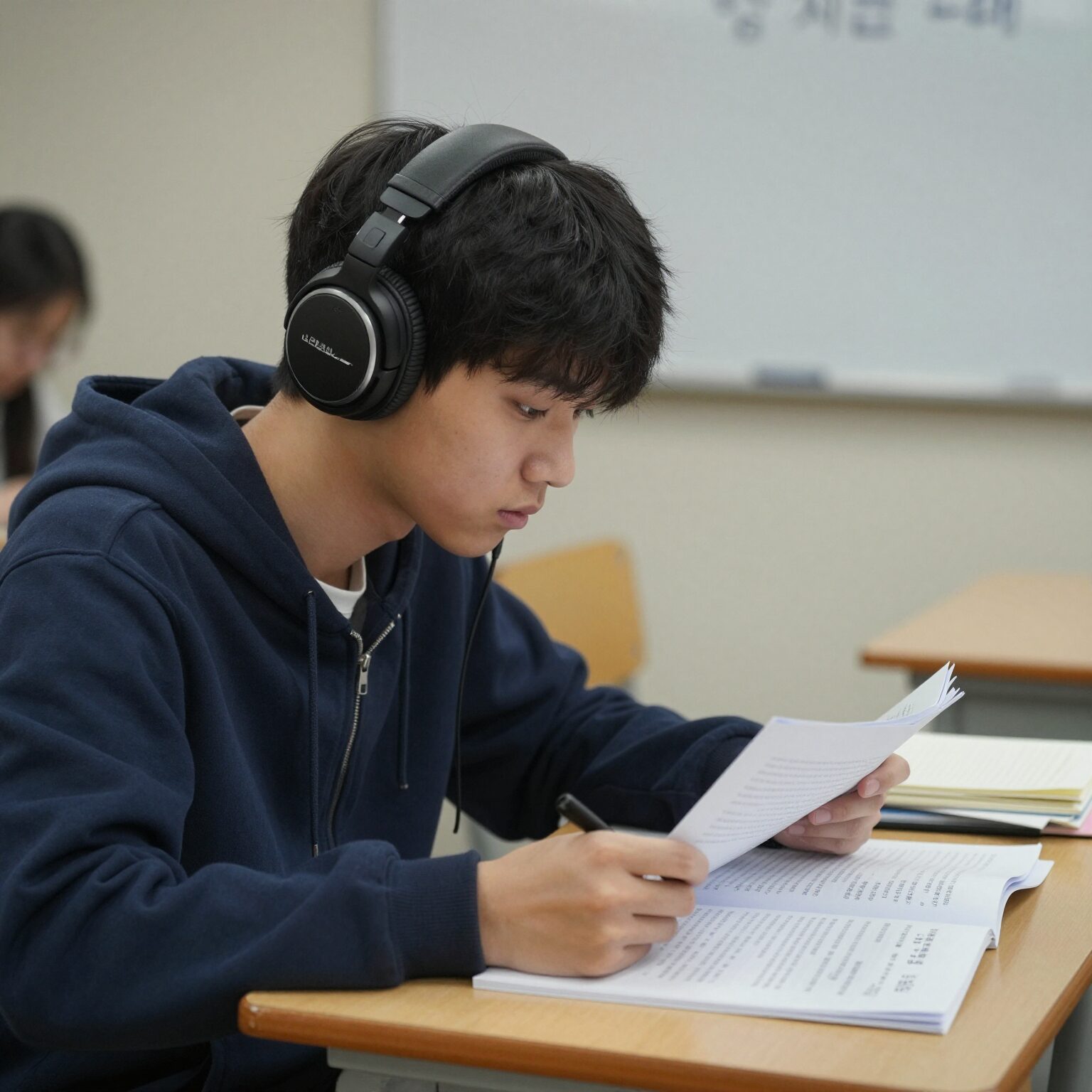 학생이 헤드폰을 끼고 영어 듣기 평가 문제지를 풀고 있는 모습