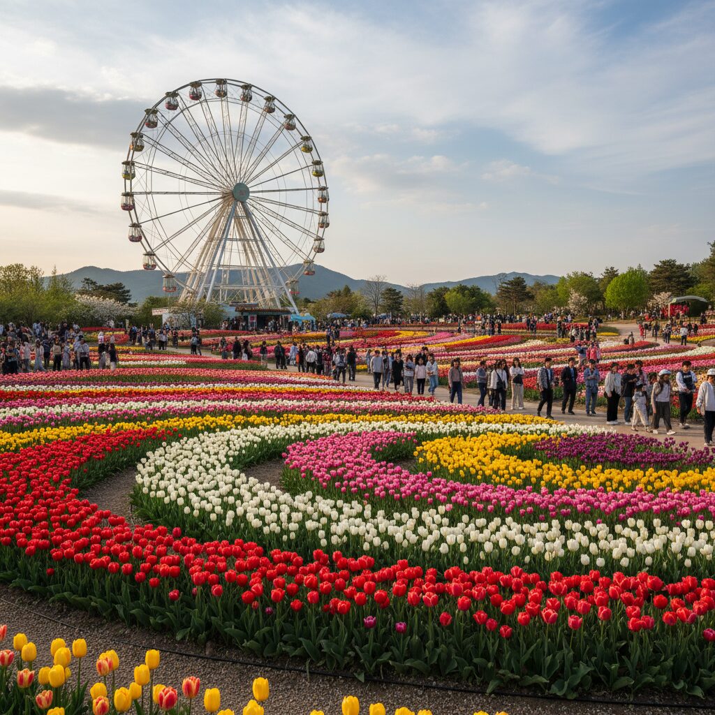 에버랜드 포시즌스 가든에 펼쳐진 화려한 튤립 정원과 배경의 대관람차