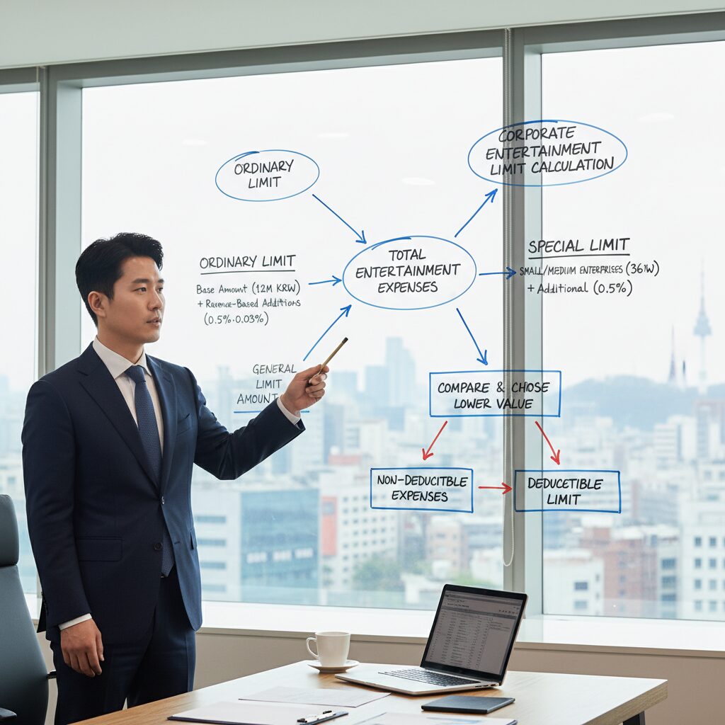 법인세 접대비 한도 계산 과정을 나타낸 개념도