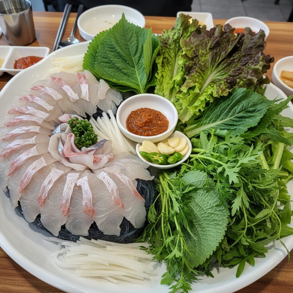 도다리회와 다양한 쌈 채소가 접시에 담겨 있는 모습