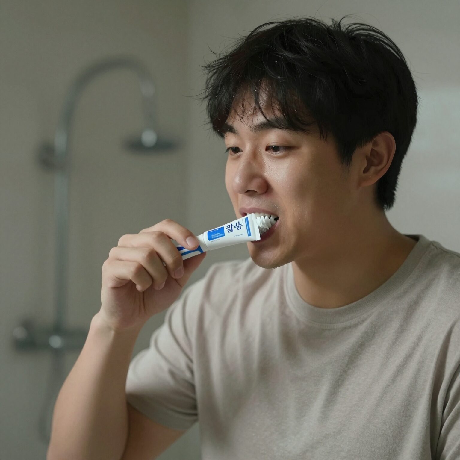 불소가 함유된 치약과 칫솔로 양치하는 모습