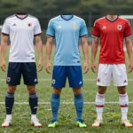 다양한 색상과 디자인의 축구 유니폼 스타일 반티가 놓여 있는 사진