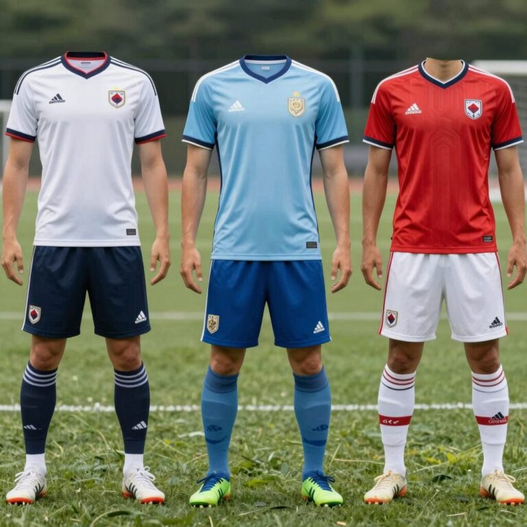 다양한 색상과 디자인의 축구 유니폼 스타일 반티가 놓여 있는 사진