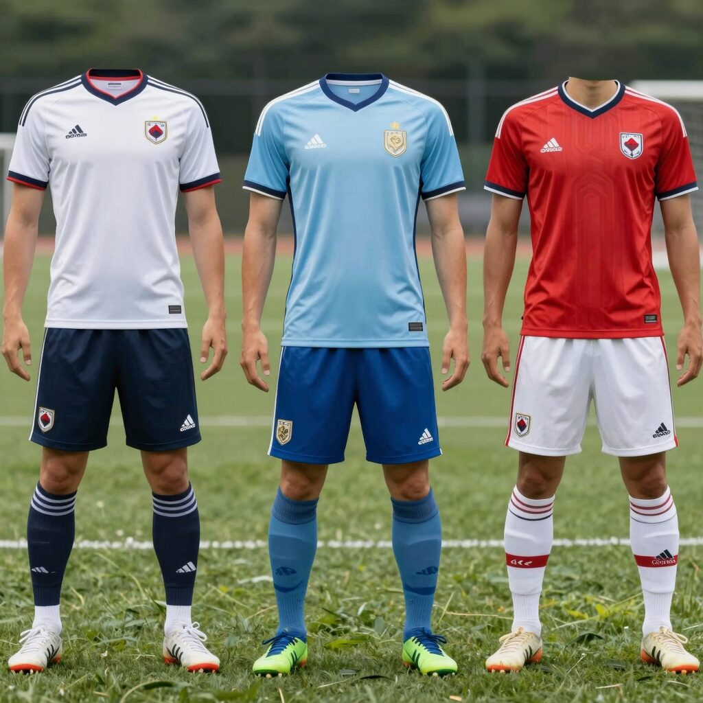 다양한 색상과 디자인의 축구 유니폼 스타일 반티가 놓여 있는 사진