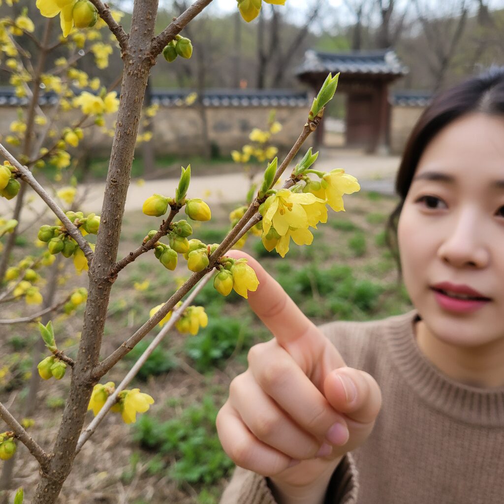 가까이에서 본 생강나무 꽃봉오리와 핀 꽃의 모습