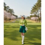봄을 위한 여성 니트 코디 가이드 레몬라임색 여성 골프 니트와 딥그린 플리츠 스커트를 코디한 봄 골프 필드 패션