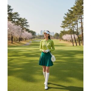 레몬라임색 여성 골프 니트와 딥그린 플리츠 스커트를 코디한 봄 골프 필드 패션