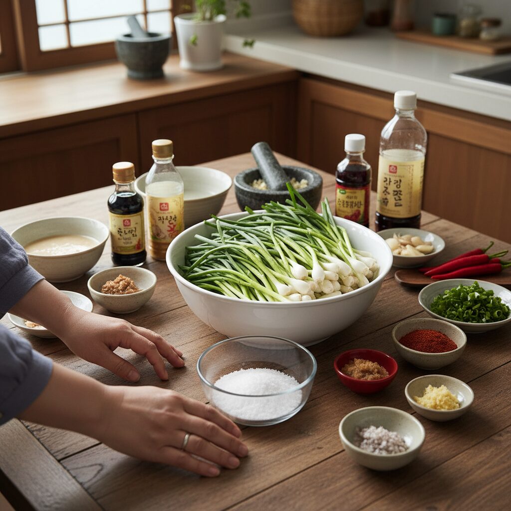풋마늘김치 재료와 양념 준비 사진