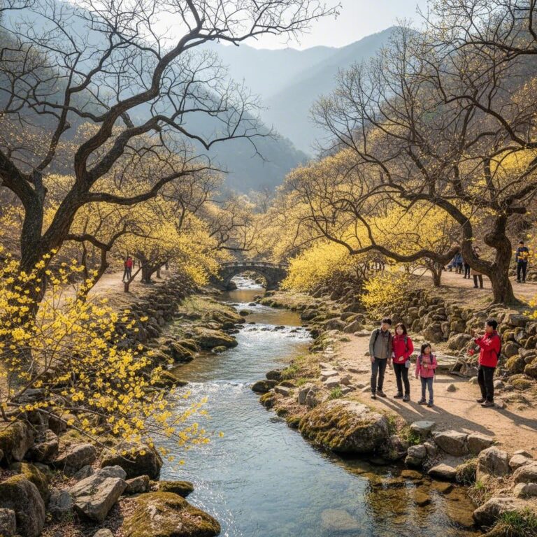 구례 산수유축제의 계곡과 노란 산수유꽃이 어우러진 풍경