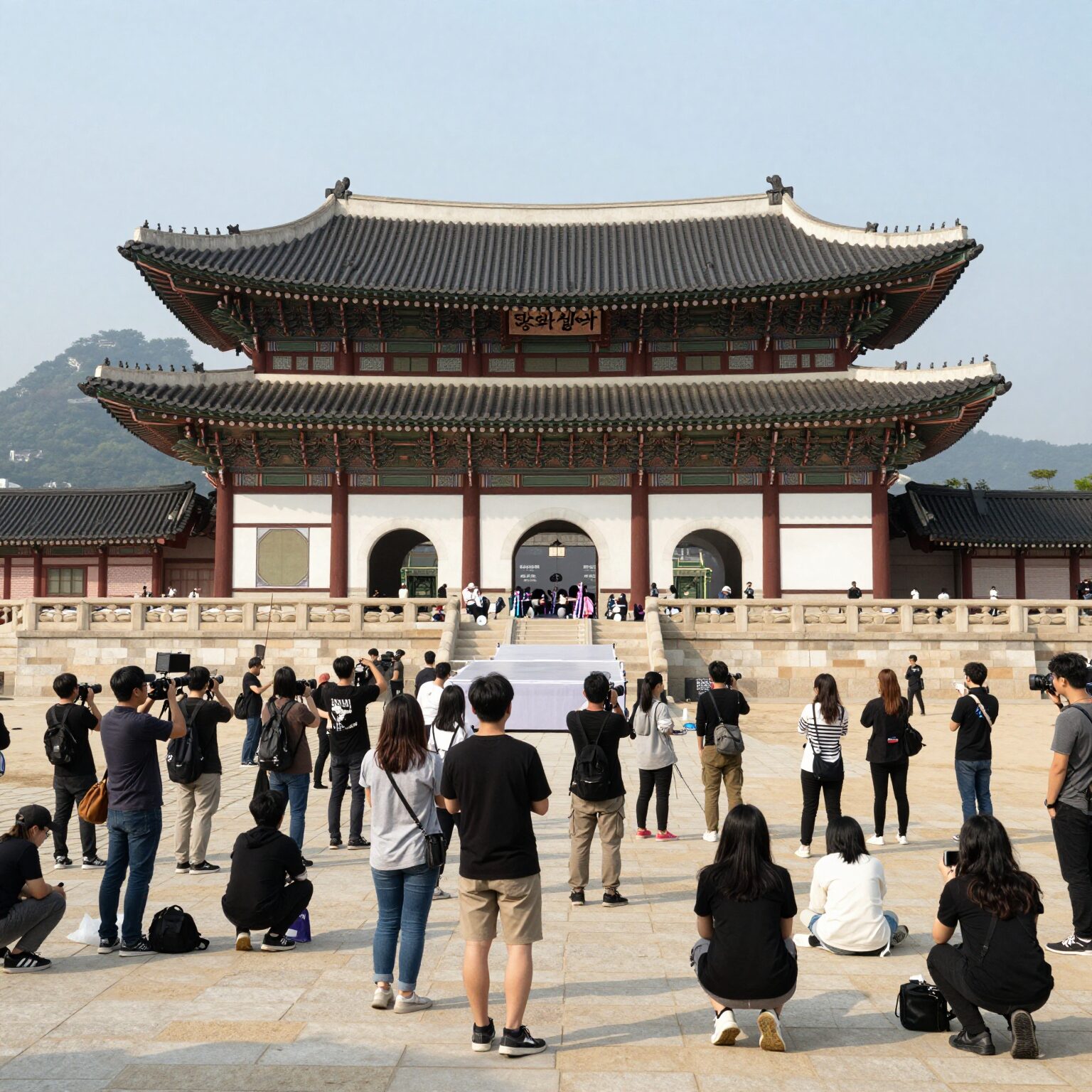 BTS 광화문 공연 이틀 전 광장의 웅장한 무대 설치 모습과 분주한 준비 현장