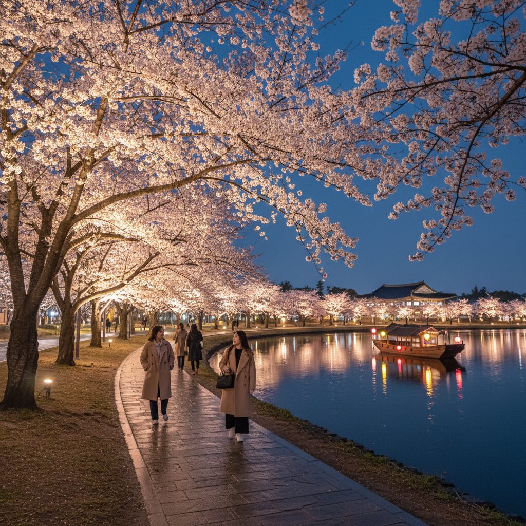 경주 보문관광단지 벚꽃과 야간 조명의 아름다운 경치