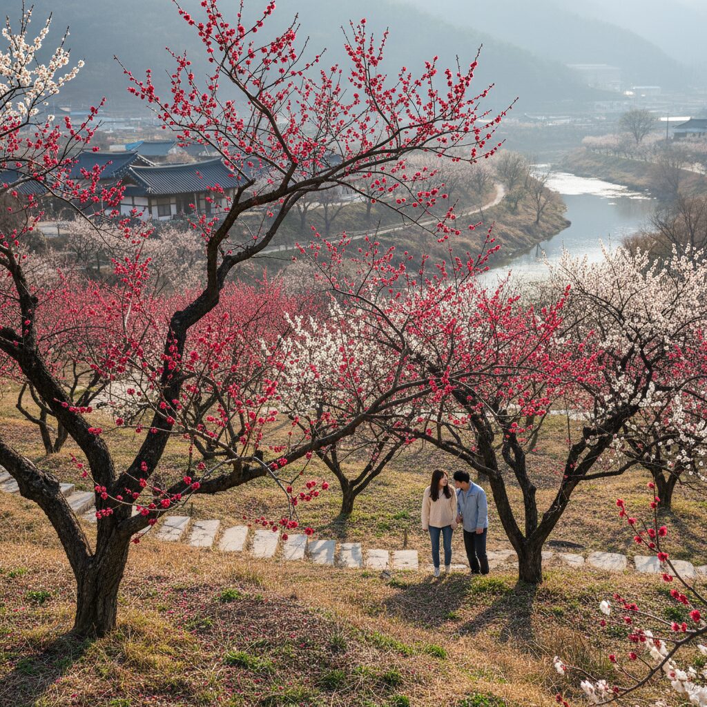 광양 매화마을의 초기 개화 상황, 일부 홍매화가 핀 모습