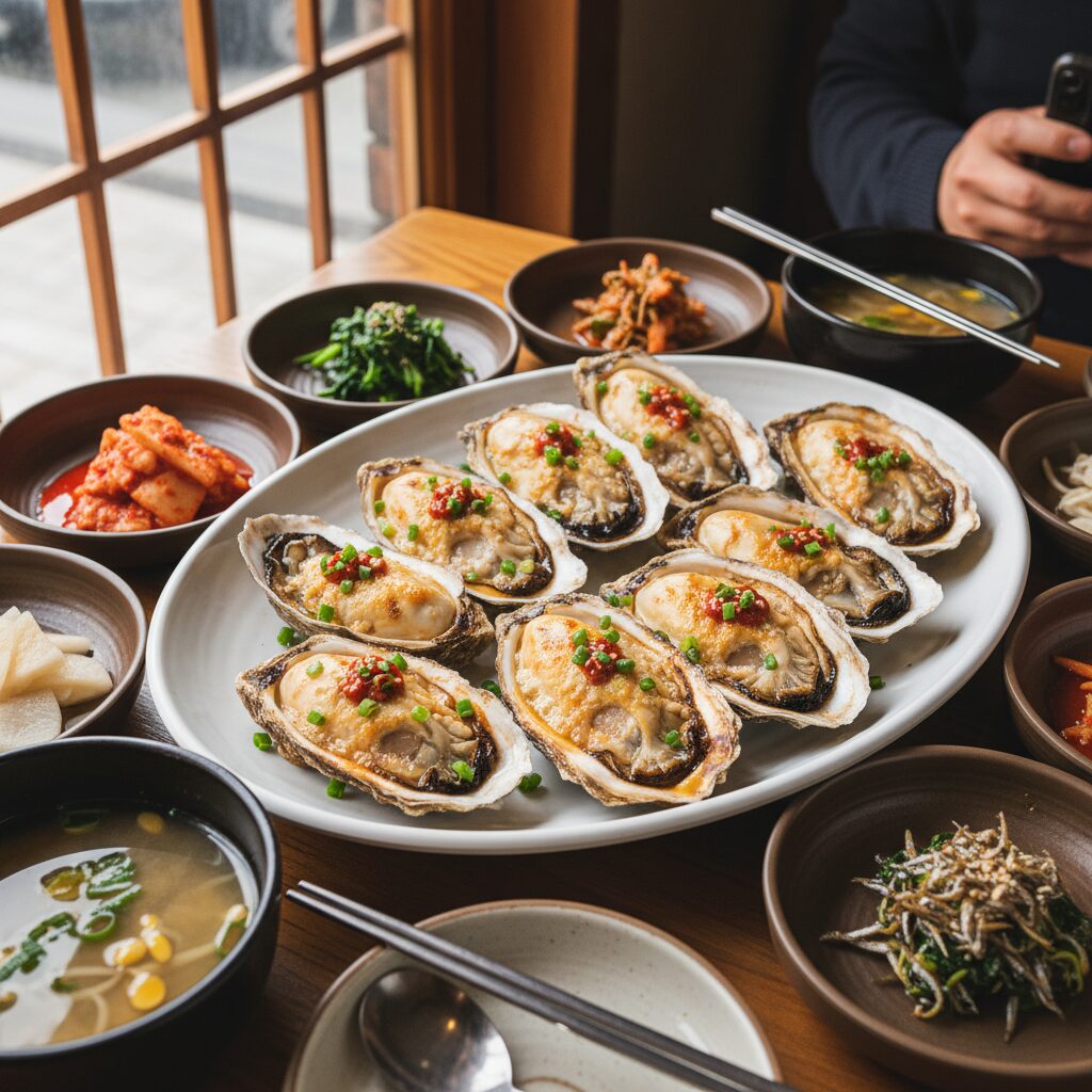 접시에 담긴 커다란 하동 벚굴 구이와 다양한 반찬들