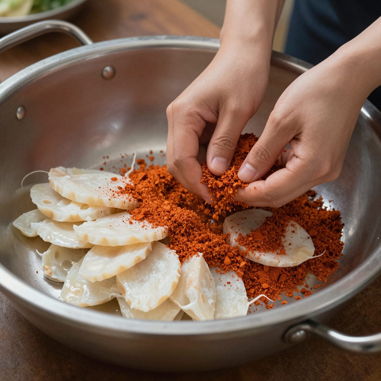 하루나 겉절이 만드는 과정 중 고춧가루를 먼저 버무리는 단계