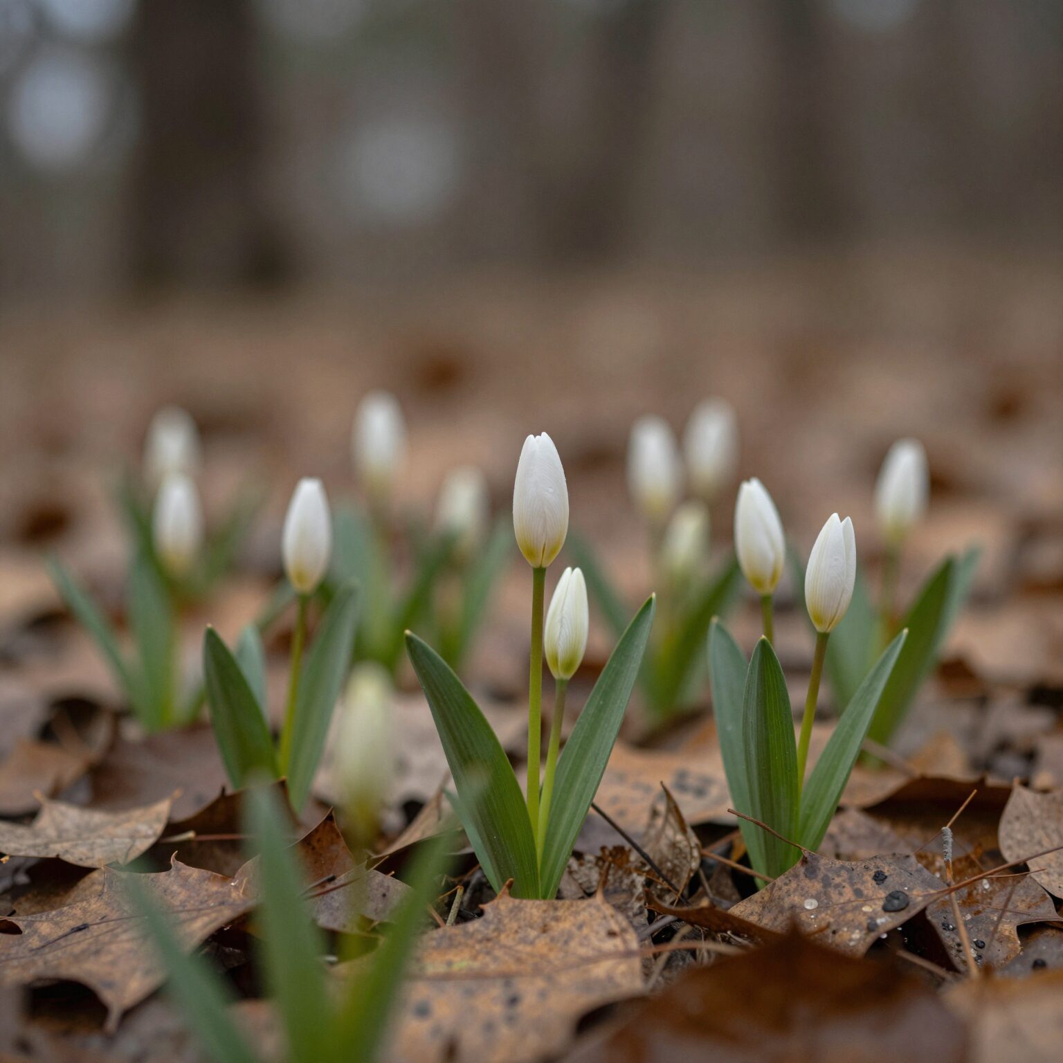 초봄 숲속 낙엽 사이에 피어난 노루귀 꽃