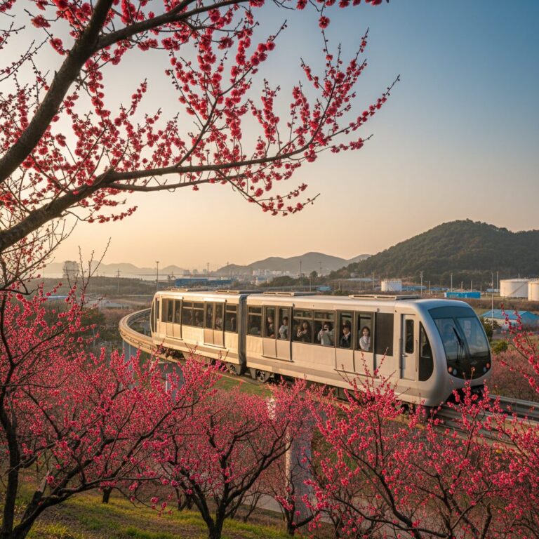 장생포 붉게 핀 홍매화와 지나가는 모노레일이 함께 있는 풍경