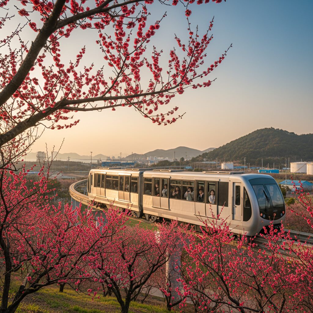 장생포 붉게 핀 홍매화와 지나가는 모노레일이 함께 있는 풍경