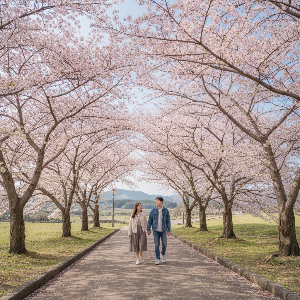 제주도 봄날에 핑크빛 벚꽃 터널이 길 양쪽에 펼쳐진 풍경