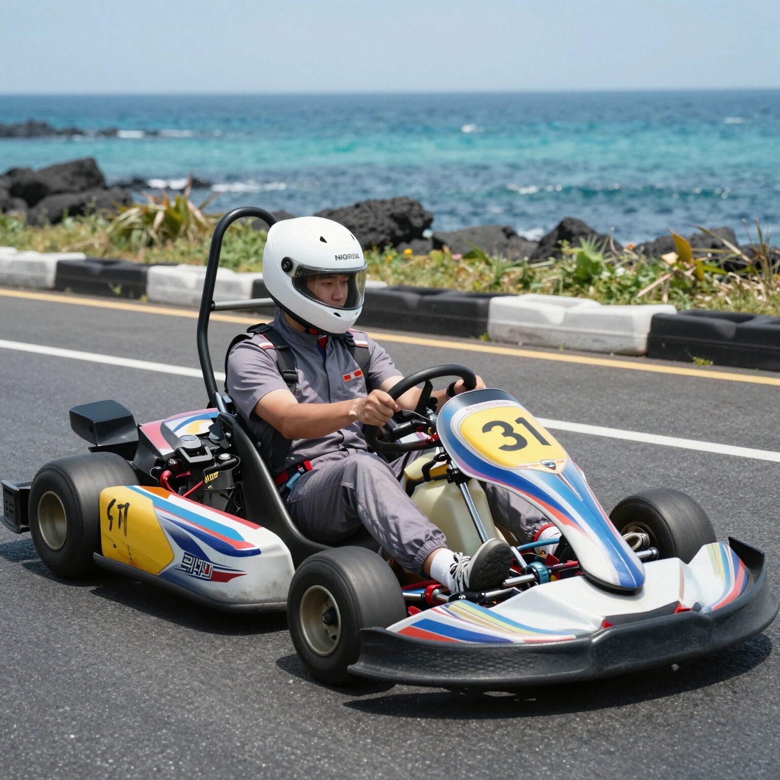 제주 981파크에서 레이싱 카트를 타고 있는 모습, 바다 배경이 보인다
