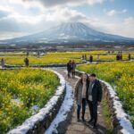 눈 덮인 한라산을 배경으로 한 제주도 휴애리 자연생활공원의 넓은 유채꽃밭 풍경