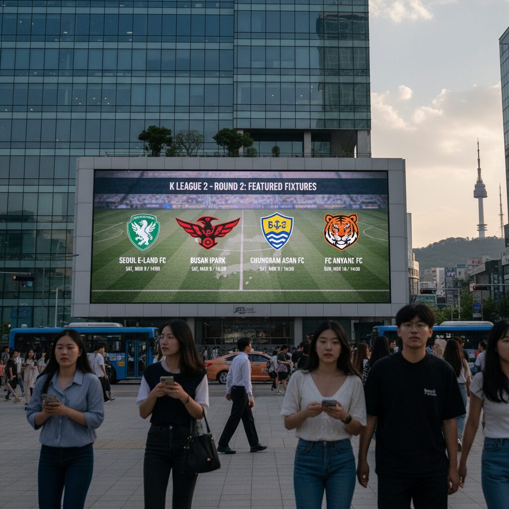 K리그2 2라운드 주요 경기 일정과 팀 로고가 표시된 그래픽 이미지