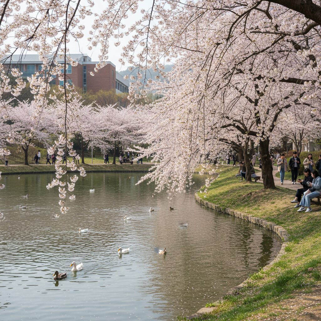카이스트 오리연못가의 수양벚꽃과 연못 풍경