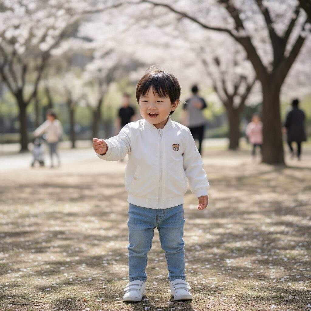 아이가 화이트 색상의 가벼운 봄 점퍼를 입고 있는 모습