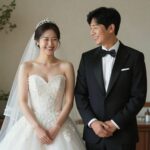 개그맨 김원훈 결혼 발표 속 숨은 이야기 개그맨 김원훈과 엄지윤이 웨딩드레스와 턱시도를 입고 웃고 있는 웨딩 화보 사진