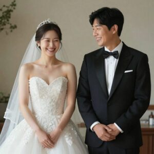 개그맨 김원훈과 엄지윤이 웨딩드레스와 턱시도를 입고 웃고 있는 웨딩 화보 사진