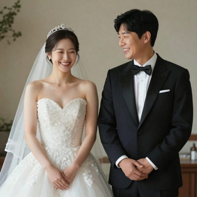 개그맨 김원훈과 엄지윤이 웨딩드레스와 턱시도를 입고 웃고 있는 웨딩 화보 사진