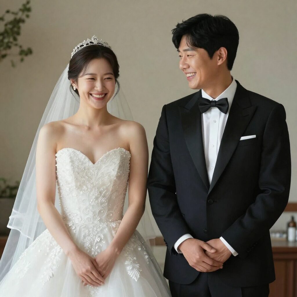 개그맨 김원훈과 엄지윤이 웨딩드레스와 턱시도를 입고 웃고 있는 웨딩 화보 사진