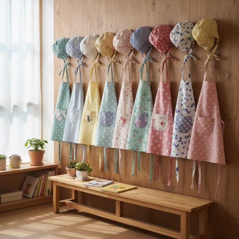 여러 가지 색상과 디자인의 어린이집 앞치마와 두건 세트가 벽에 걸려 있는 모습