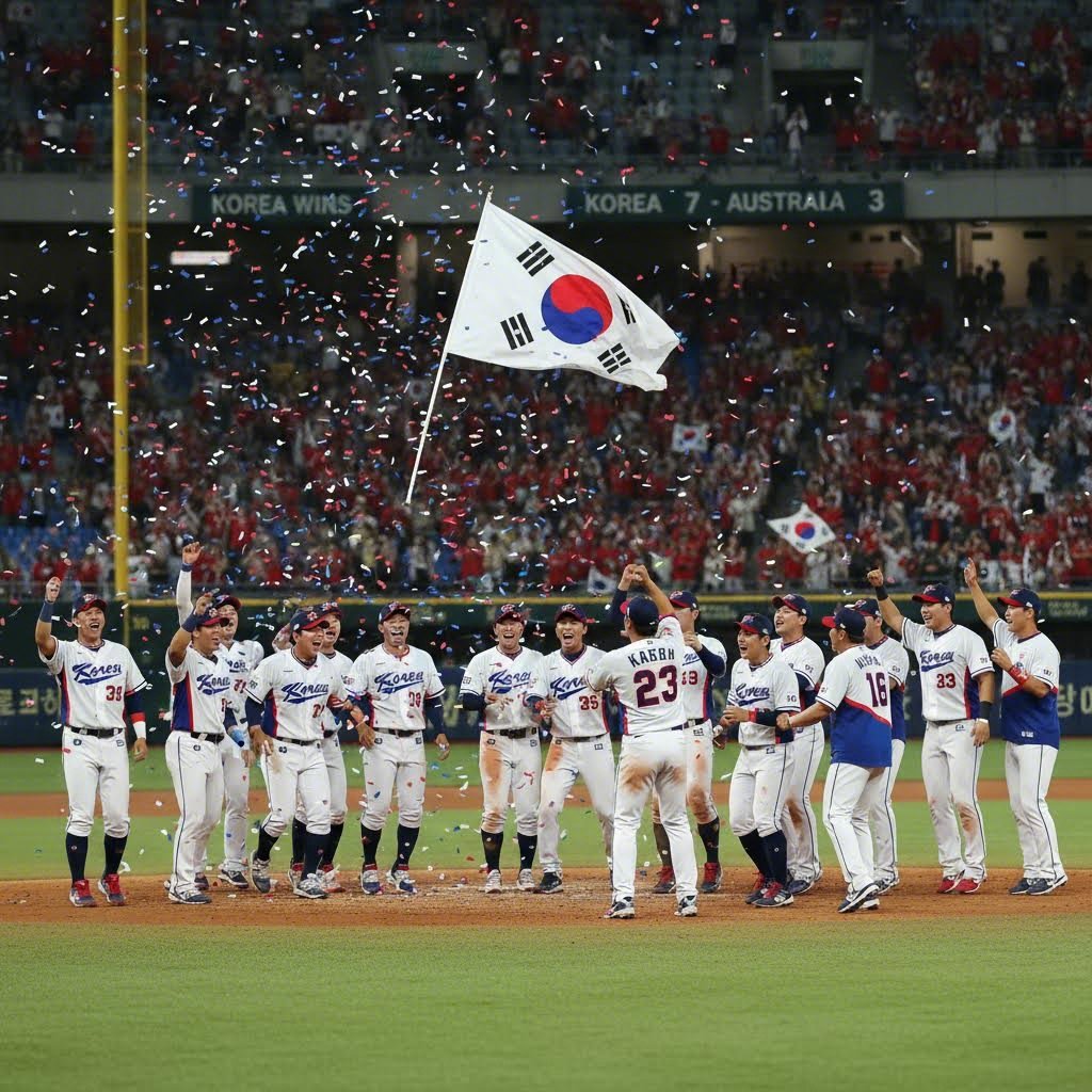 한국 야구 대표팀 호주전 승리 후 그라운드에서 기뻐하는 모습