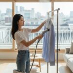 로라스타 스팀다리미로 셔츠에 스팀을 뿌리는 모습