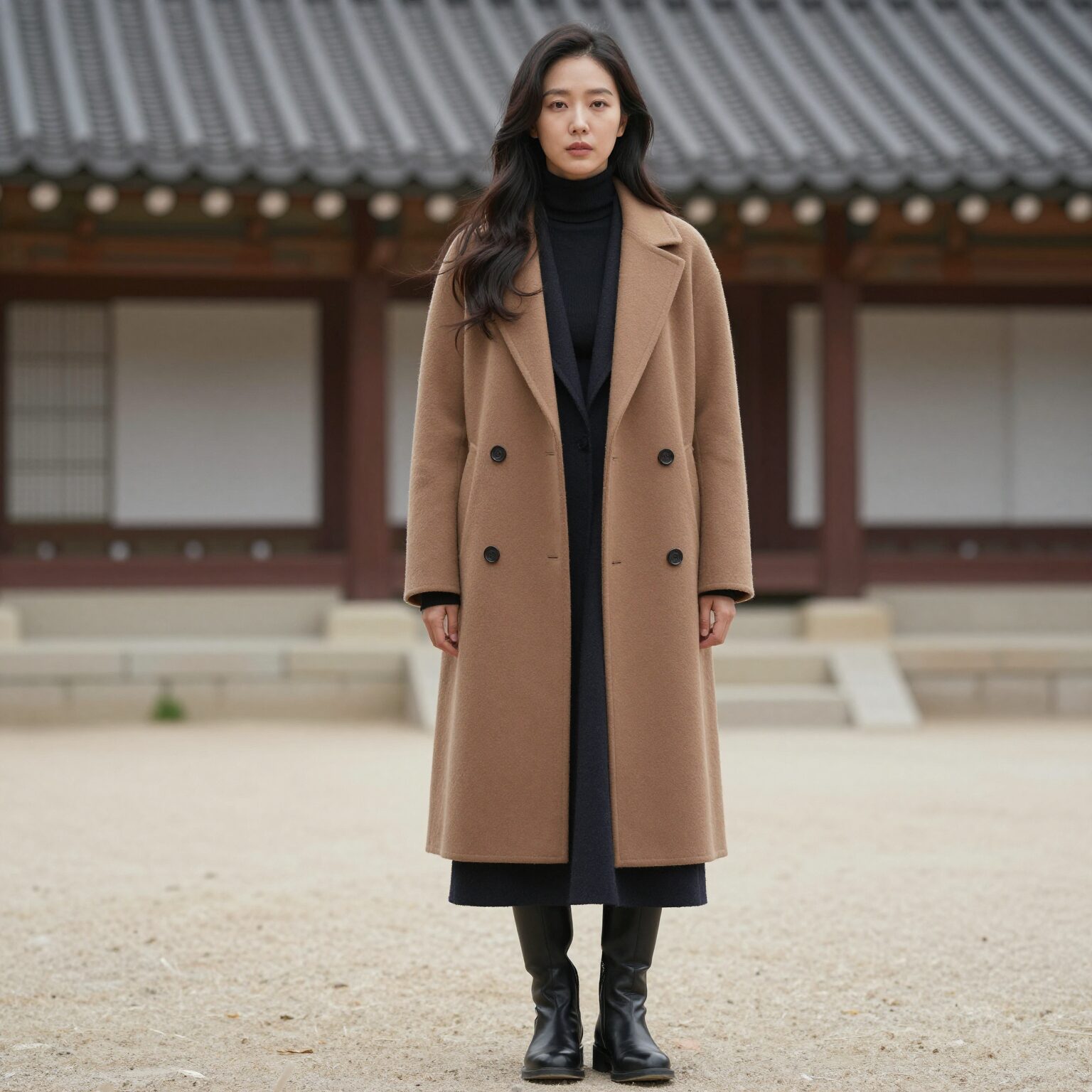 가디건과 코트를 레이어링한 여성의 스타일리시한 옷차림