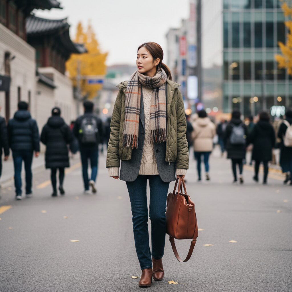 13도 날씨에 적합한 니트와 재킷을 겹쳐 입은 레이어링 스타일