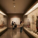 국립중앙박물관 우리들의 이순신 전시실 내부 모습, 관람객들이 유물을 관람하고 있음