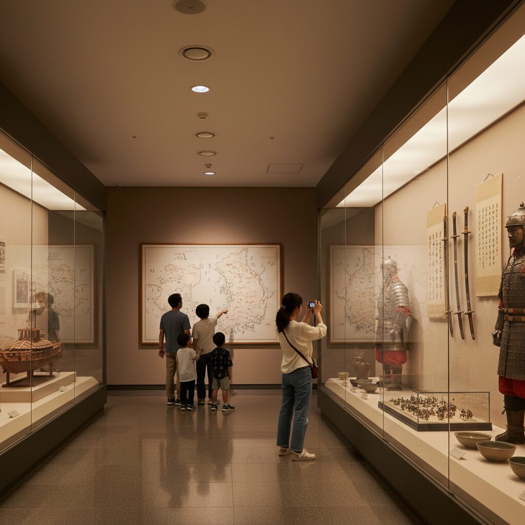 국립중앙박물관 우리들의 이순신 전시실 내부 모습, 관람객들이 유물을 관람하고 있음