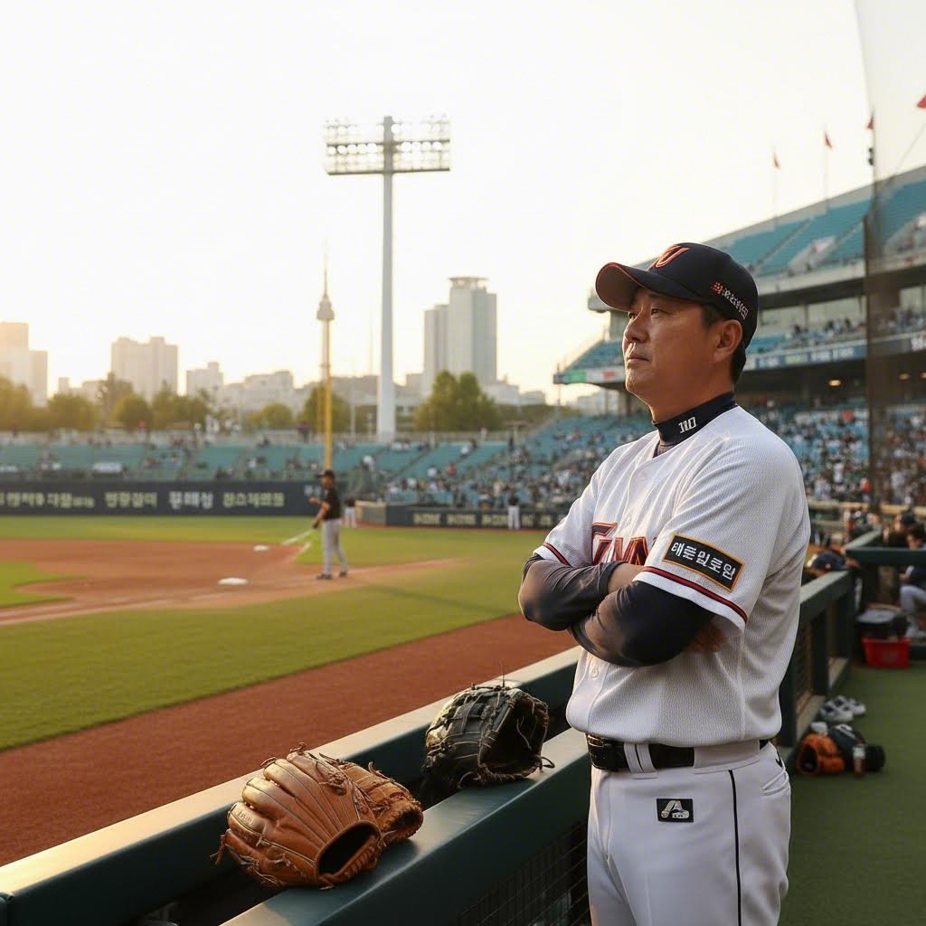 이종범 감독이 야구장에서 멀리 바라보고 있는 모습
