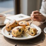 2026년 화이트데이 특별 선물 준비하기 노릇하게 구워진 레몬 초코칩 스콘이 접시에 담겨 있고 한 조각이 반으로 갈라져 속이 보이는 모습