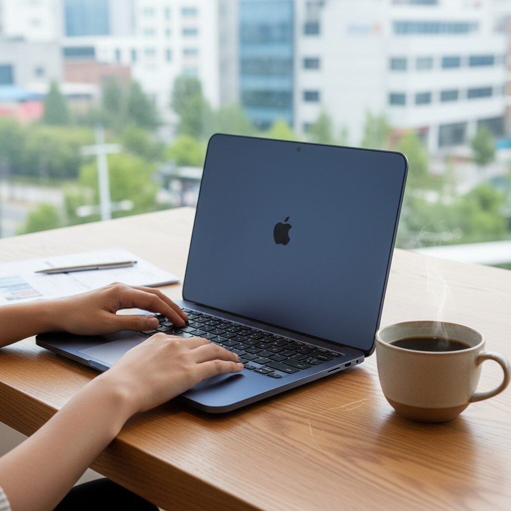파란색 맥북 네오가 테이블 위에 놓여 있고 옆에 커피잔이 있는 모습