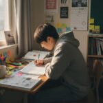 3월 모의고사를 위해 책상에서 학습 계획을 세우는 학생