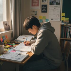 3월 모의고사를 위해 책상에서 학습 계획을 세우는 학생