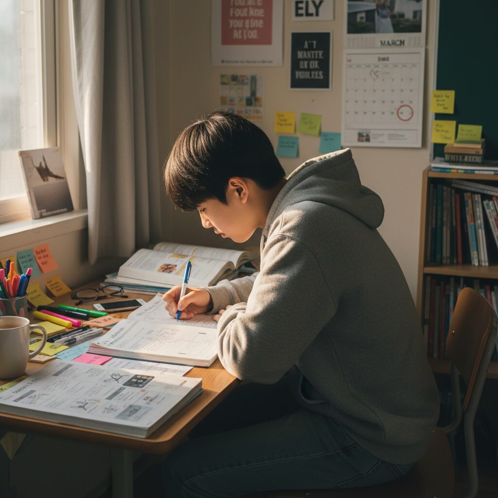 3월 모의고사를 위해 책상에서 학습 계획을 세우는 학생