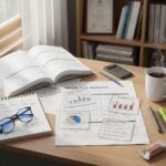 고등학교 수학 문제집과 필기 노트가 놓인 책상 위에서 모의고사 분석 방법을 시각적으로 표현