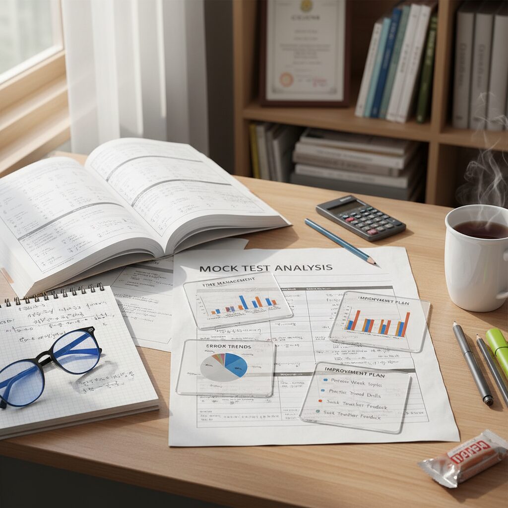고등학교 수학 문제집과 필기 노트가 놓인 책상 위에서 모의고사 분석 방법을 시각적으로 표현