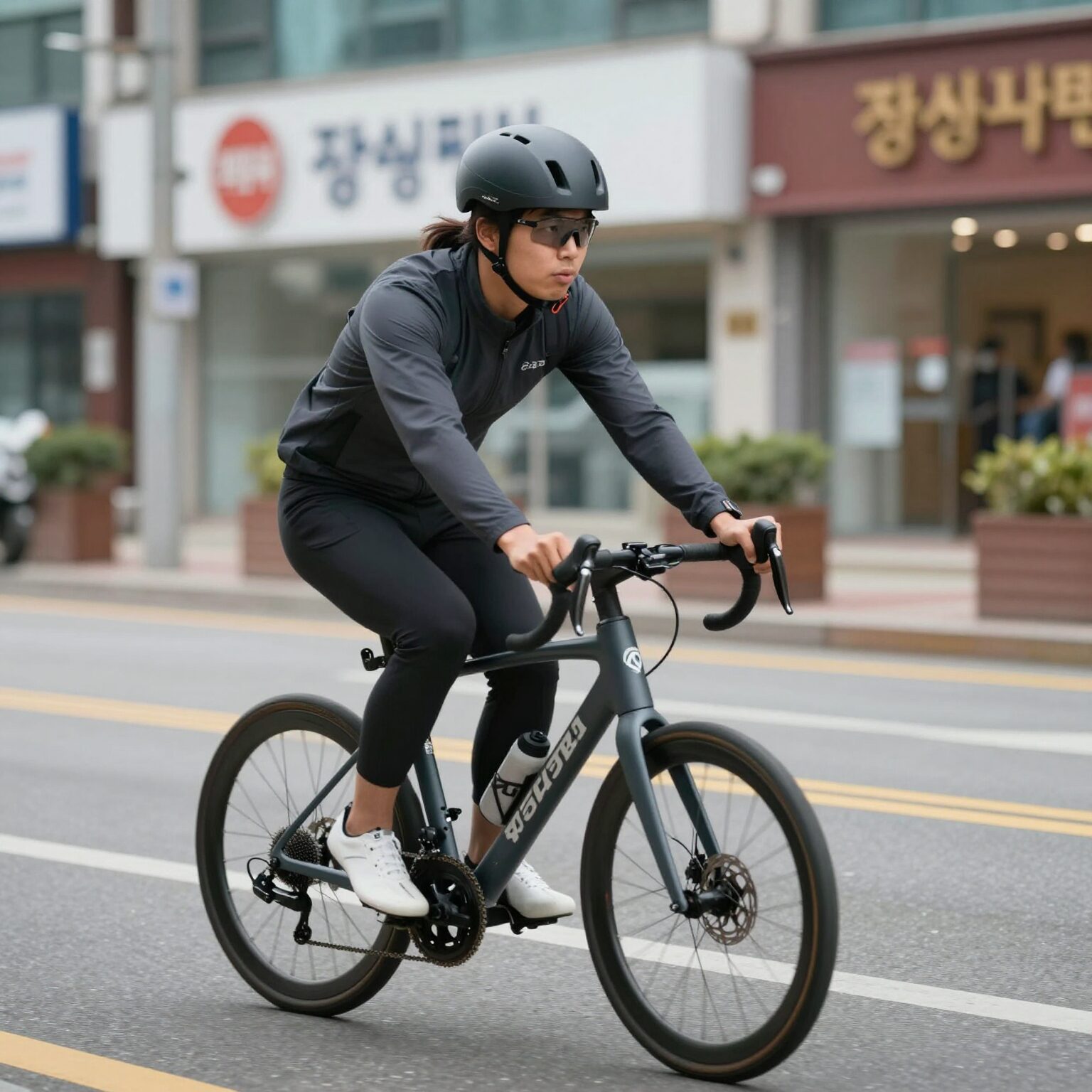 마이크로킥보드 맥시를 타고 도시 거리를 주행하는 모습, 안전모를 착용한 라이더