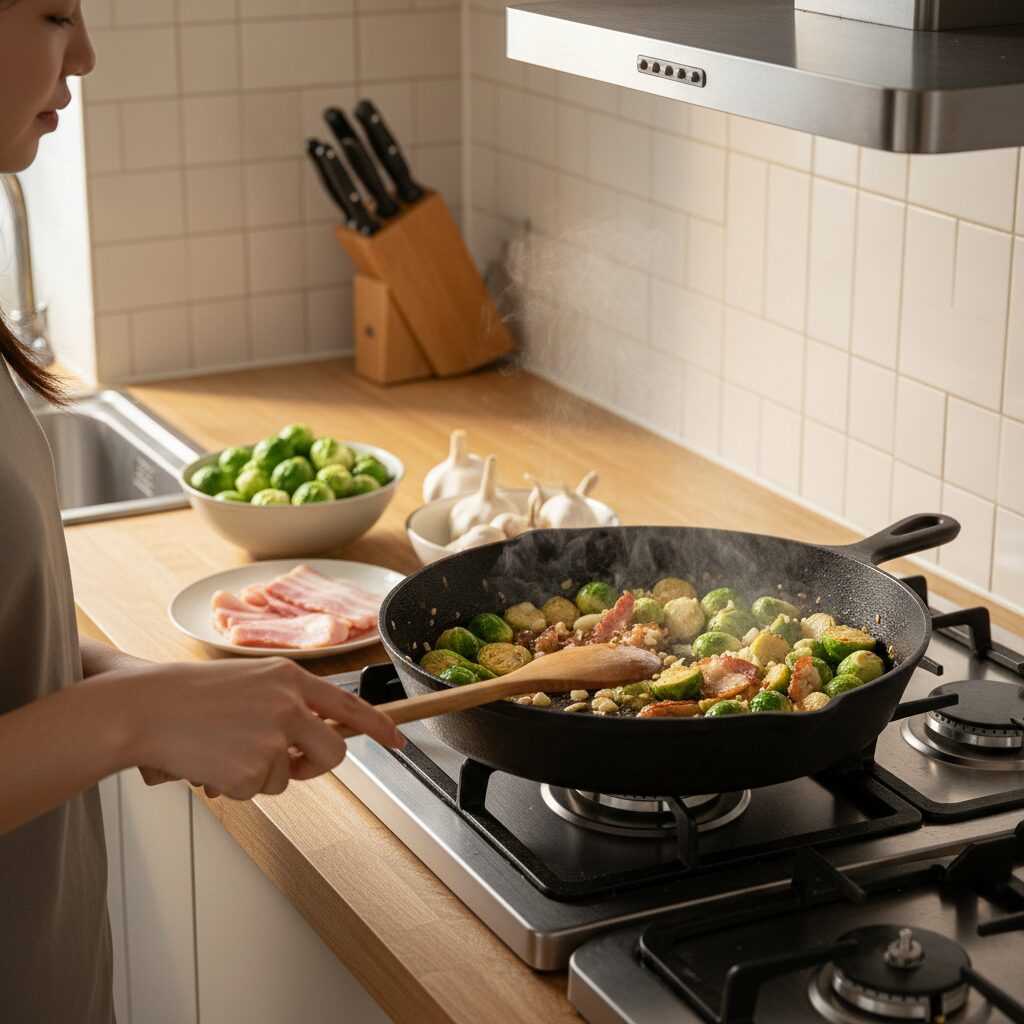 준비된 미니양배추 베이컨 마늘 재료를 팬에 볶는 과정